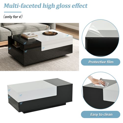 Table Basse Géométrique 100cm - Plateau Coulissant, Couture Noir/blanc - Rangement Malin