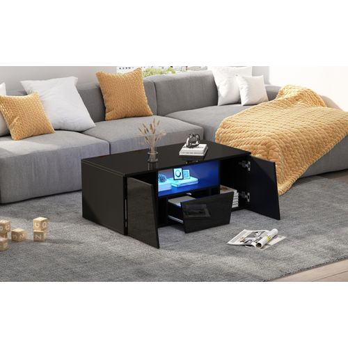 Table Basse Design Irrégulier 100cm - LED, 2 Casiers/1 Tiroir - Noir - Moderne