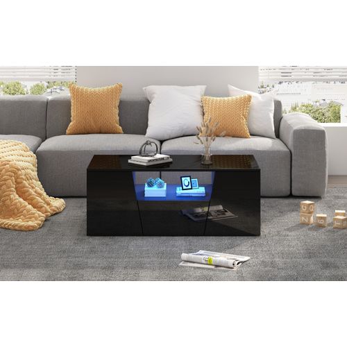 Table Basse Design Irrégulier 100cm - LED, 2 Casiers/1 Tiroir - Noir - Moderne