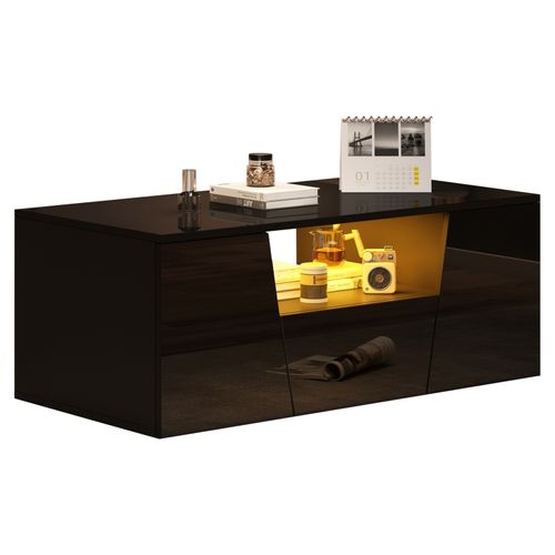Table Basse Design Irrégulier 100cm - LED, 2 Casiers/1 Tiroir - Noir - Moderne