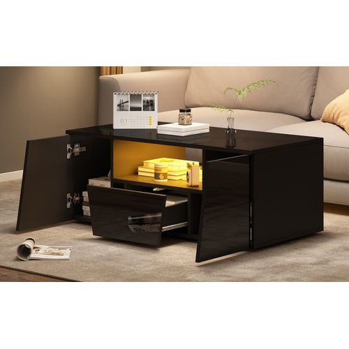 Table Basse Design Irrégulier 100cm - LED, 2 Casiers/1 Tiroir - Noir - Moderne