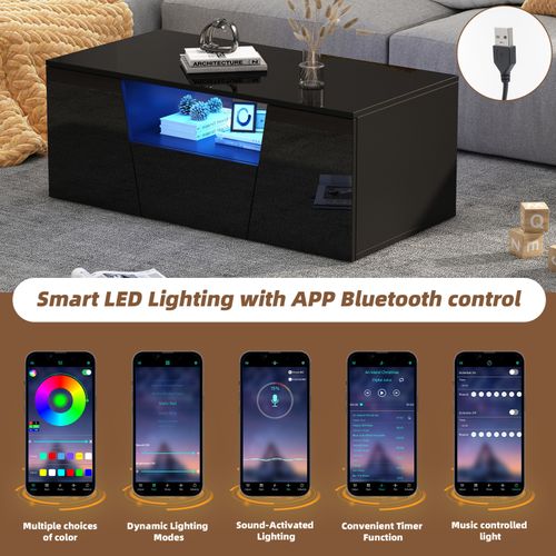 Table Basse Design Irrégulier 100cm - LED, 2 Casiers/1 Tiroir - Noir - Moderne