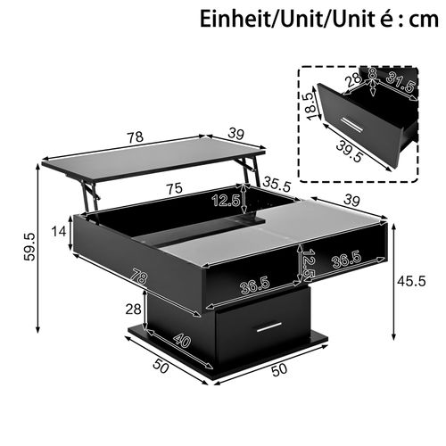 Table Basse Élévatrice LED - Hauteur Réglable, Rangement Flexible - Multifonction - Noir