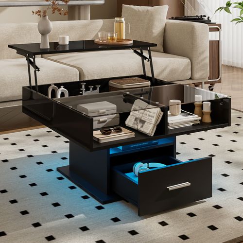 Table Basse Élévatrice LED - Hauteur Réglable, Rangement Flexible - Multifonction - Noir