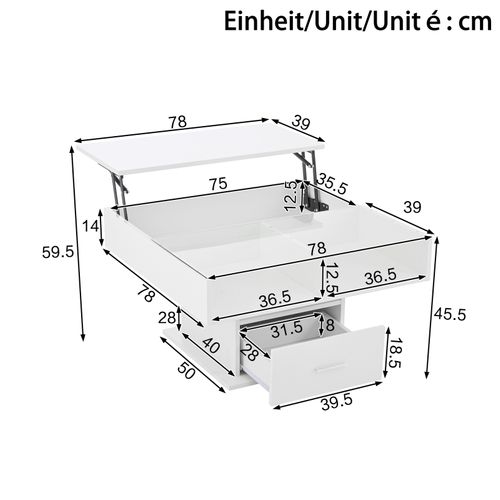 Table Basse Élévatrice LED - Hauteur Réglable, Rangement Flexible - Laqué - Blanc