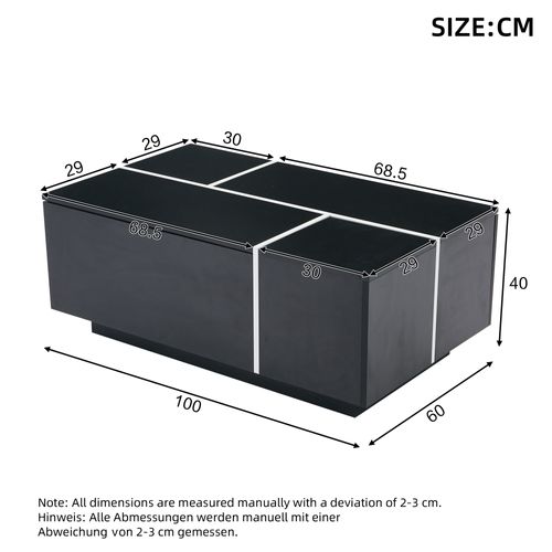 Table Basse Design Mosaïque Laqué - 4 Tiroirs Et Plateau Mobile - 100x60x40 Cm - Noir