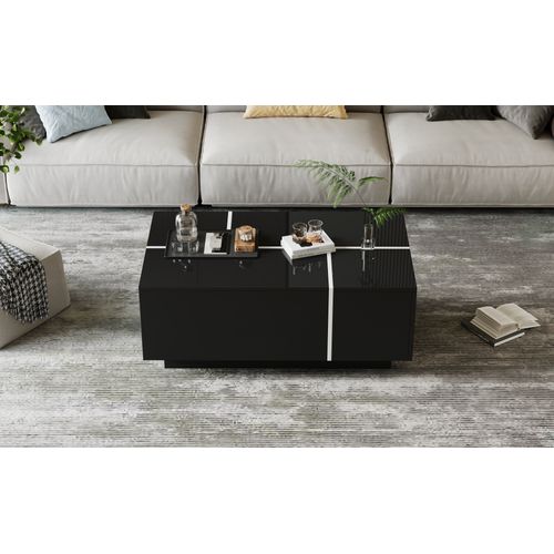 Table Basse Design Mosaïque Laqué - 4 Tiroirs Et Plateau Mobile - 100x60x40 Cm - Noir
