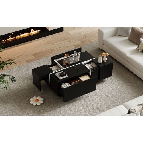 Table Basse Design Mosaïque Laqué - 4 Tiroirs Et Plateau Mobile - 100x60x40 Cm - Noir