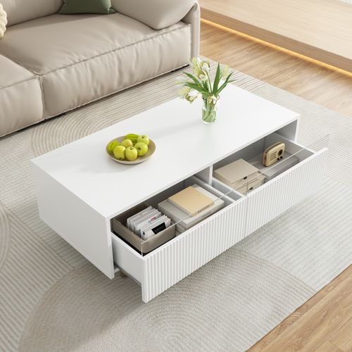 Table Basse Moderne Avec Tiroir Vague Et LED Rgb - Pieds Or Et Blanc - 2 Tiroirs