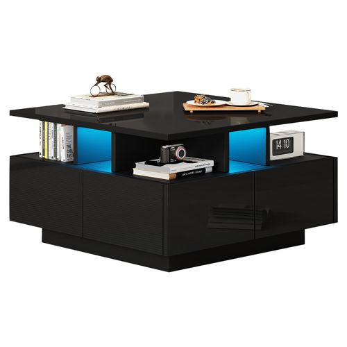 Table Basse Moderne Géométrique Avec LED - 4 Tiroirs, Supporte 30 Kg - Pour Votre Salon - Noir