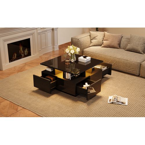 Table Basse Moderne Géométrique Avec LED - 4 Tiroirs, Supporte 30 Kg - Pour Votre Salon - Noir