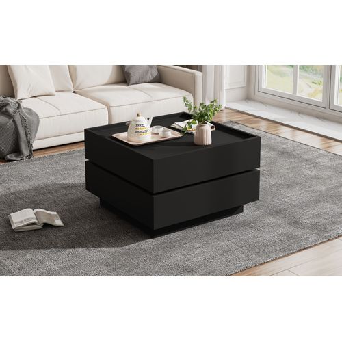 Table Basse Fonctionnelle à Plateau Rotatif 360° - 2 Étagères Et Rangement - Noir - 60x60x38 Cm