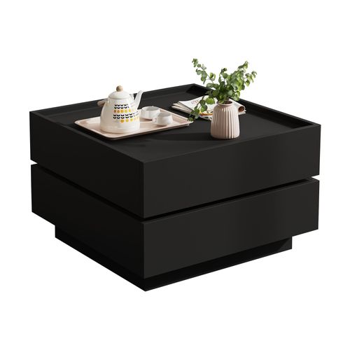 Table Basse Fonctionnelle à Plateau Rotatif 360° - 2 Étagères Et Rangement - Noir - 60x60x38 Cm