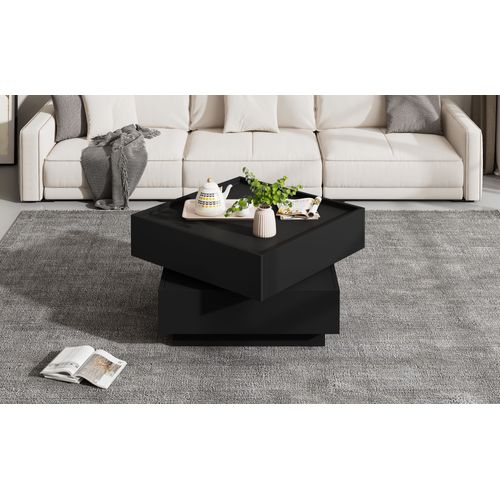 Table Basse Fonctionnelle à Plateau Rotatif 360° - 2 Étagères Et Rangement - Noir - 60x60x38 Cm