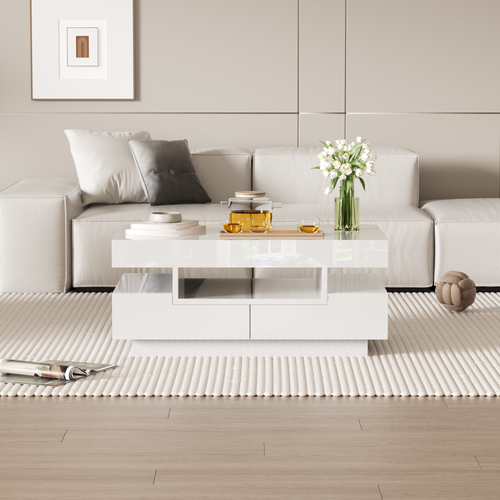 Table Basse Avec Immense Rangement - 4 Tiroirs Au Total Et Éclairage LED - Blanc