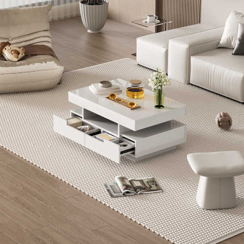 Table Basse Avec Immense Rangement - 4 Tiroirs Au Total Et Éclairage LED - Blanc