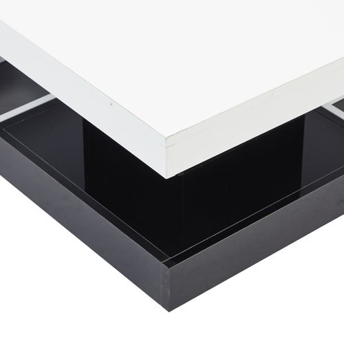 Table Basse Rotative 360° à 2 Niveaux - Blanc Brillant, Piètement Noir - 70x70x36 Cm