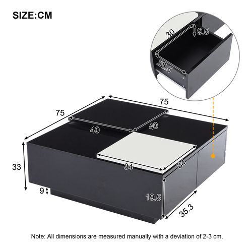 Table Basse Moderne Avec Plateau Blanc Amovible - Structure Noire Brillante Et Étagères - 75x75x33cm