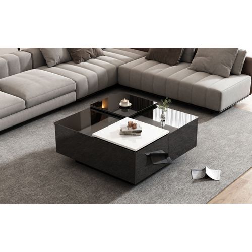 Table Basse Moderne Avec Plateau Blanc Amovible - Structure Noire Brillante Et Étagères - 75x75x33cm