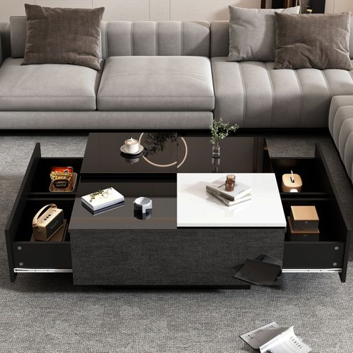 Table Basse Moderne Avec Plateau Blanc Amovible - Structure Noire Brillante Et Étagères - 75x75x33cm