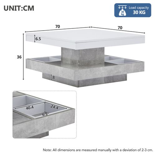 Table Basse Moderne à Double Plateau Rotatif - Finition Blanc Brillant Marbré - Design Fonctionnel