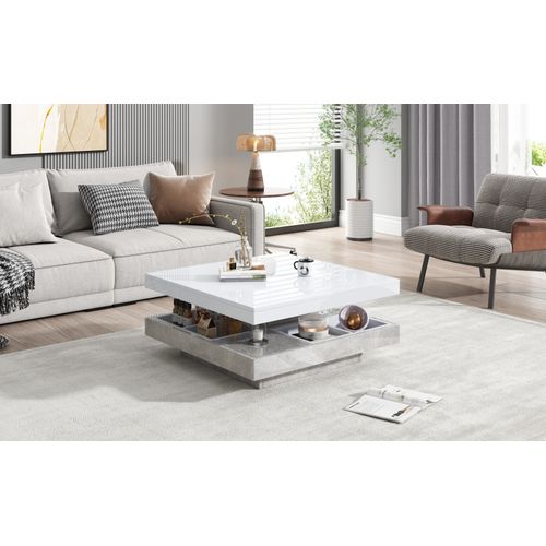 Table Basse Moderne à Double Plateau Rotatif - Finition Blanc Brillant Marbré - Design Fonctionnel