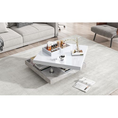 Table Basse Moderne à Double Plateau Rotatif - Finition Blanc Brillant Marbré - Design Fonctionnel