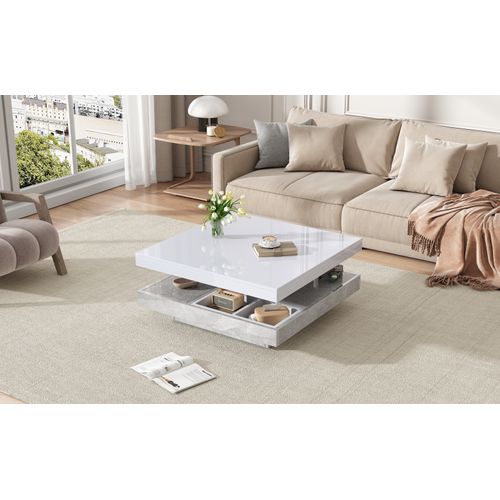 Table Basse Moderne à Double Plateau Rotatif - Finition Blanc Brillant Marbré - Design Fonctionnel