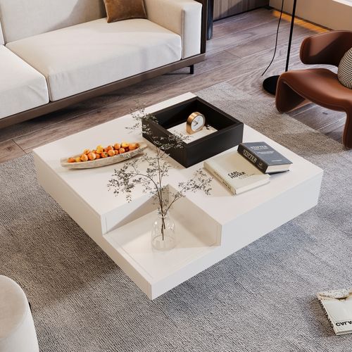 Table Basse Design Avec Compartiment Amovible - Couleur Bloc Blanc/noir Et Éclairage LED