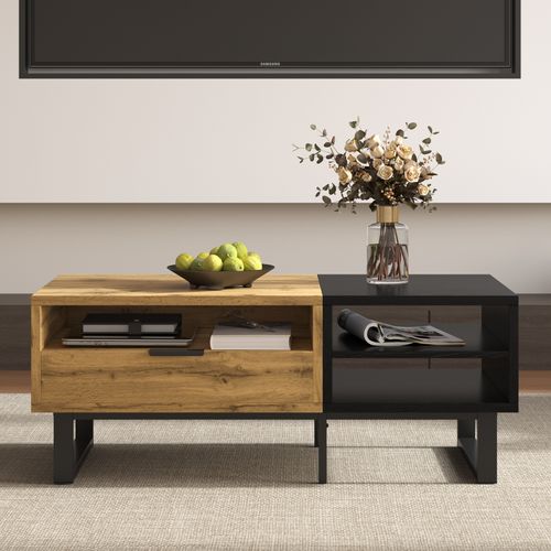 Table Basse Moderne Avec Compartiments De Rangement/tiroirs - Design Bicolore Avec Pieds En Métal