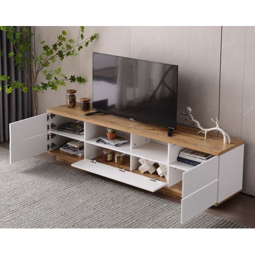 Meuble TV Design 180 Cm - Style Bloc De Couleur Blanc Et Bois - Meuble Téléviseur Élégant