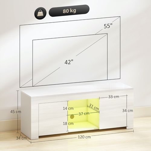 Meuble TV Blanc Avec LED - 2 Portes Et Étagère En Verre - Trous Pour Câbles