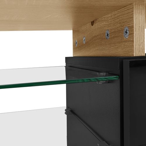 Meuble TV Noir Brillant Et Bois - Plateaux Verre, Éclairage LED - Rangement Élégant Et Pratique