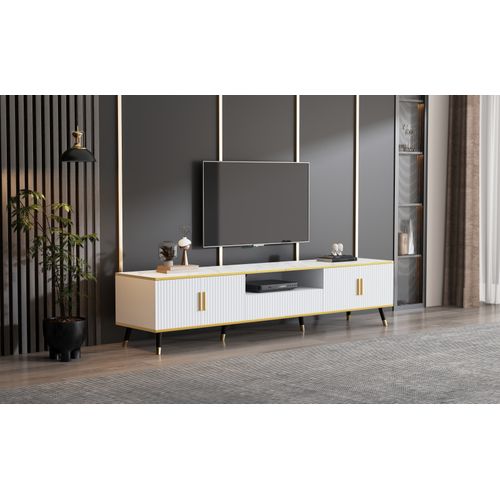 Meuble TV Bas Finition Marbre - 200 Cm, 4 Portes/1 Tiroir - Support TV 90 Pouces