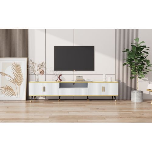 Meuble TV Bas Finition Marbre - 200 Cm, 4 Portes/1 Tiroir - Support TV 90 Pouces