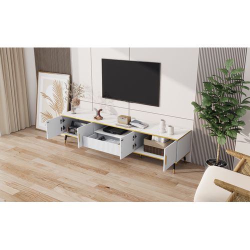 Meuble TV Bas Finition Marbre - 200 Cm, 4 Portes/1 Tiroir - Support TV 90 Pouces