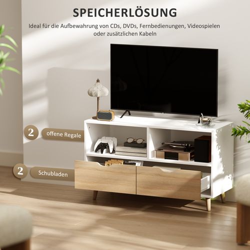 Meuble Télé Design Blanc 99 Cm - Tiroir Et 2 Compartiments - Idéal Pour Salon