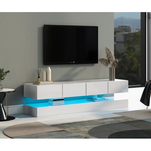 Meuble TV Blanc 130 Cm - 2 Portes, 4 Tiroirs, LED 16 Couleurs - Pour TV Jusqu'à 55"