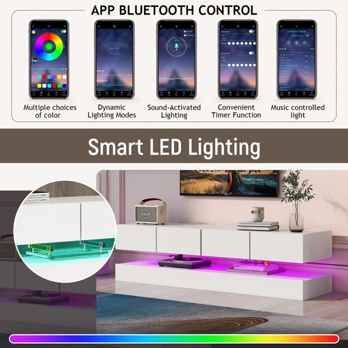 Meuble TV Blanc 130 Cm - 2 Portes, 4 Tiroirs, LED 16 Couleurs - Pour TV Jusqu'à 55"