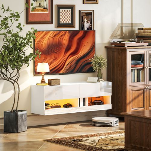 Meuble TV Mural Blanc Brillant 120 Cm - LED 16 Modes, Tiroirs Et Étagères - Commode Design