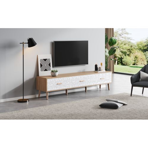 Meuble TV Vintage Bois Clair 150 Cm - Porte Blanche à Grain Rétro - Pour Salon Et Chambre