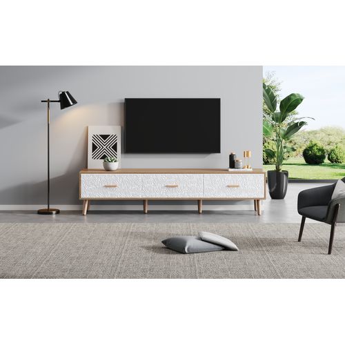 Meuble TV Vintage Bois Clair 150 Cm - Porte Blanche à Grain Rétro - Pour Salon Et Chambre