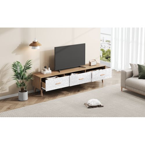 Meuble TV Vintage Bois Clair 150 Cm - Porte Blanche à Grain Rétro - Pour Salon Et Chambre