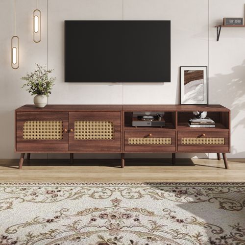Meuble TV Brun 200 Cm - 2 Portes En Rotin, 2 Tiroirs, 8 Pieds - Pour TV 80"