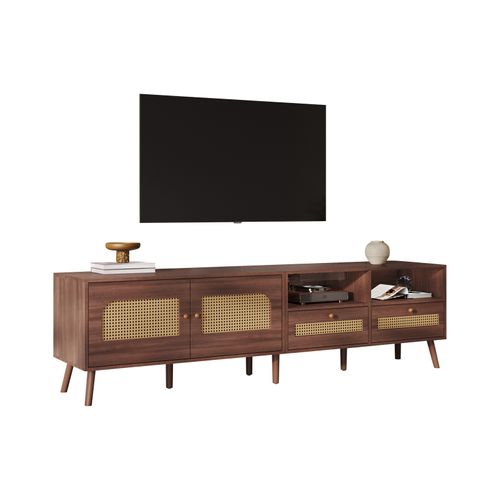 Meuble TV Brun 200 Cm - 2 Portes En Rotin, 2 Tiroirs, 8 Pieds - Pour TV 80"