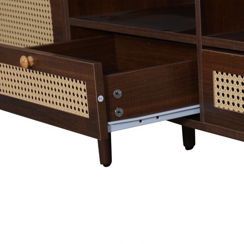 Meuble TV Brun 200 Cm - 2 Portes En Rotin, 2 Tiroirs, 8 Pieds - Pour TV 80"