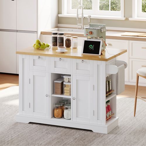 Buffet De Cuisine Mobile 132 Cm - Planche Pliante, Rangement Et Prise - 5 Roues Pratiques