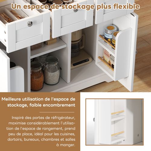 Buffet De Cuisine Mobile 132 Cm - Planche Pliante, Rangement Et Prise - 5 Roues Pratiques