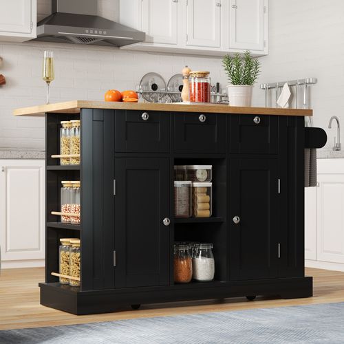 Buffet De Cuisine Mobile 132 Cm - Planche Rabattable Et Prise - 5 Roues, Style Campagne - Noir