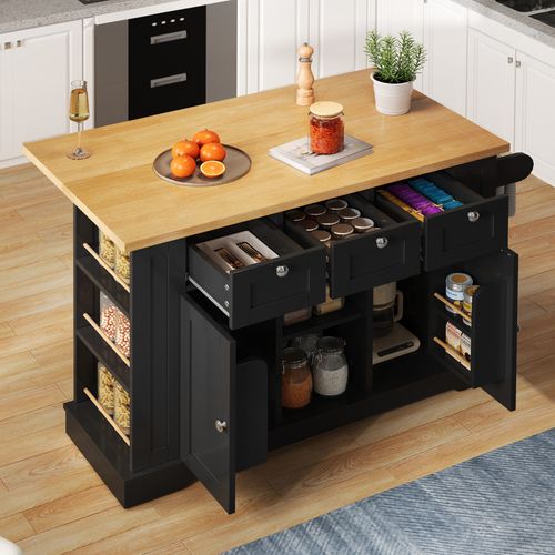 Buffet De Cuisine Mobile 132 Cm - Planche Rabattable Et Prise - 5 Roues, Style Campagne - Noir